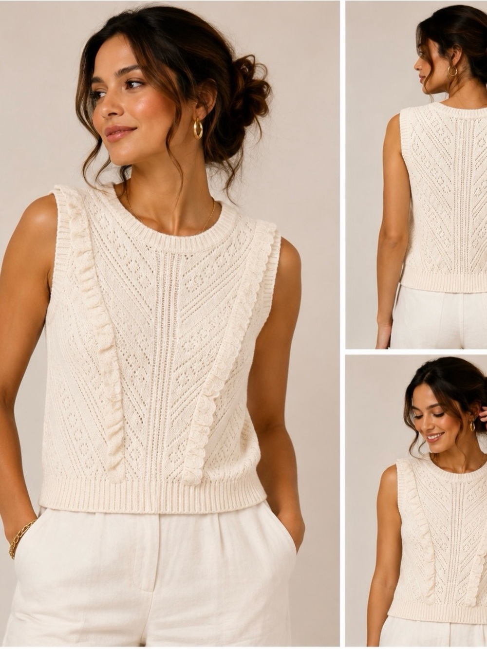 Olive & Oak Cream Openwork Ruffle Knit V-Neck Sweater Vest